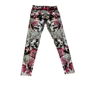 Skull & Rose Pattern Leggings Stretchy Large Punk Rock Sexy Gym Goth Yoga Pants